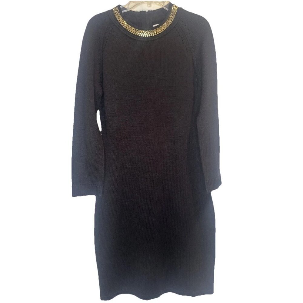 Calvin Klein Womens Black Gold Chain Necklace Accent Long Sleeve Sweater Dress S